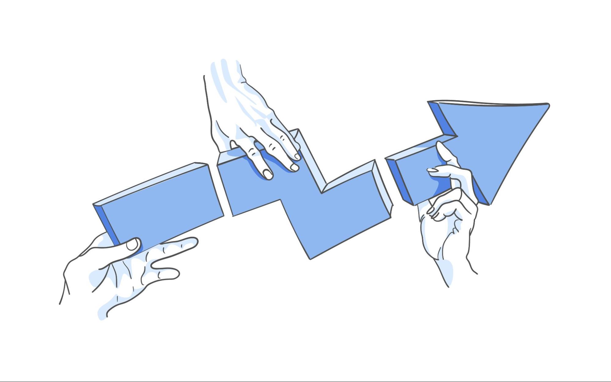 Illustrated hands hold arrows, representing the customer journey map